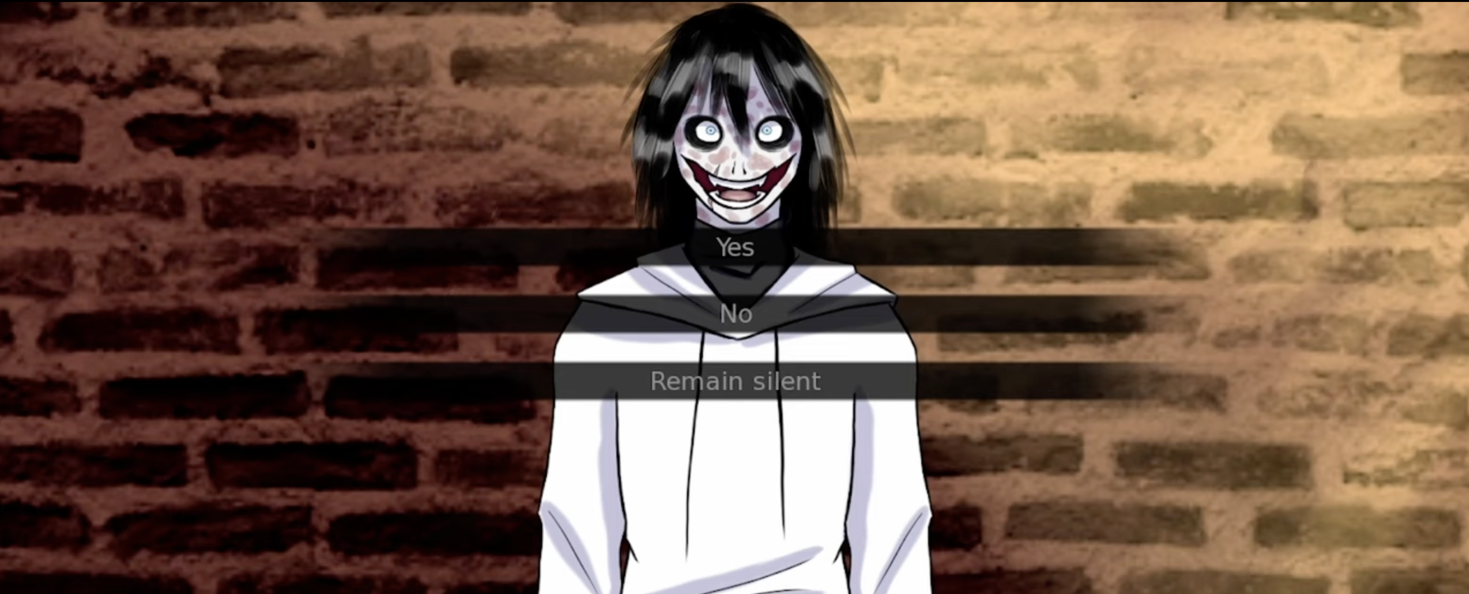Fear Me: Jeff the Killer's Dating Sim Ending 8 - Normal Ending: He will Live in Your Memory. Displays the high affection romance ending where the player reaches Day 7 climax with high but not maximum affection points, resulting in the standard dialogue options and a memorable but not true ending.